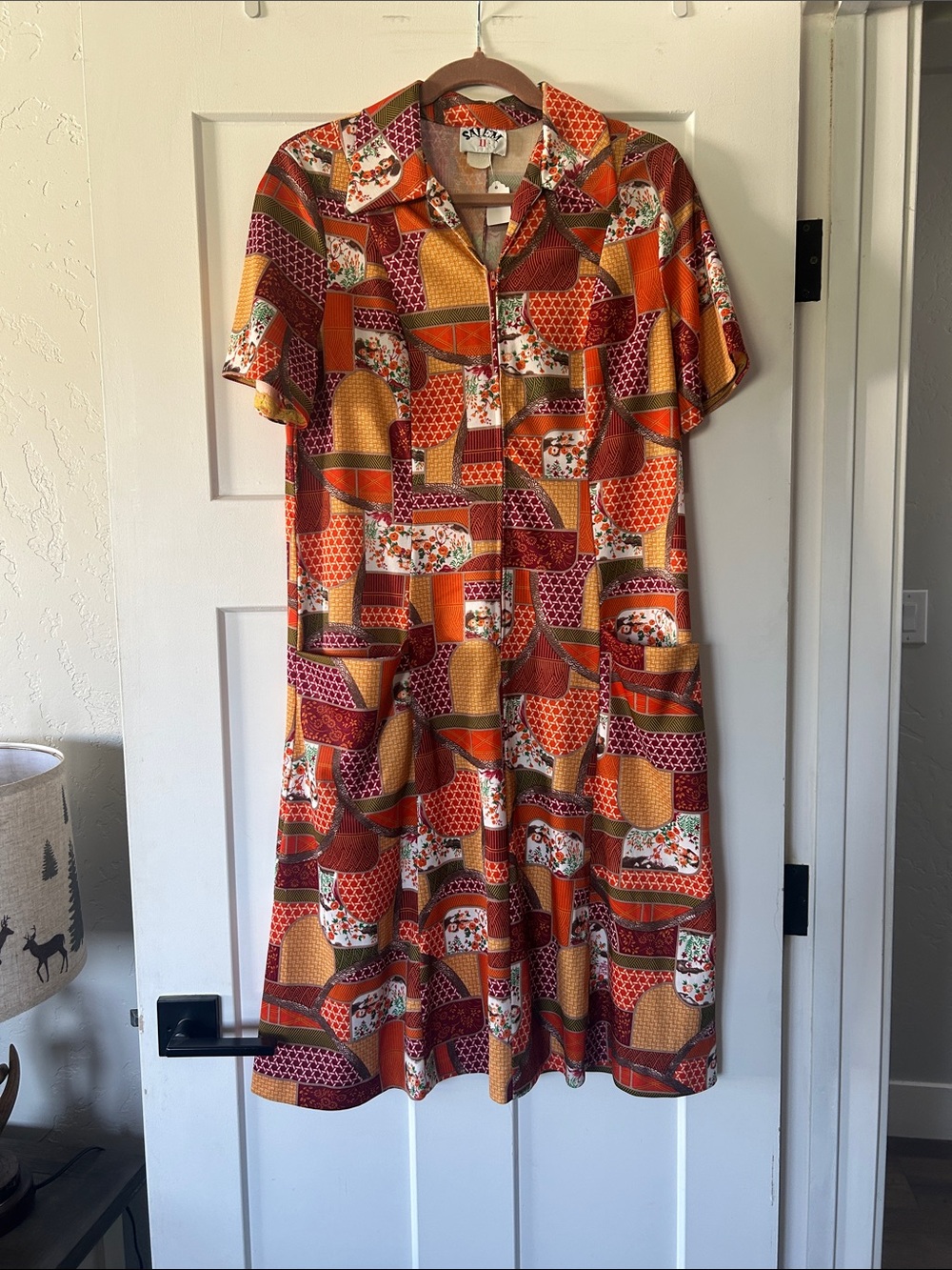 Stanley Vintage Patchwork Button-Front Midi Dress in Orange, Brown, Red